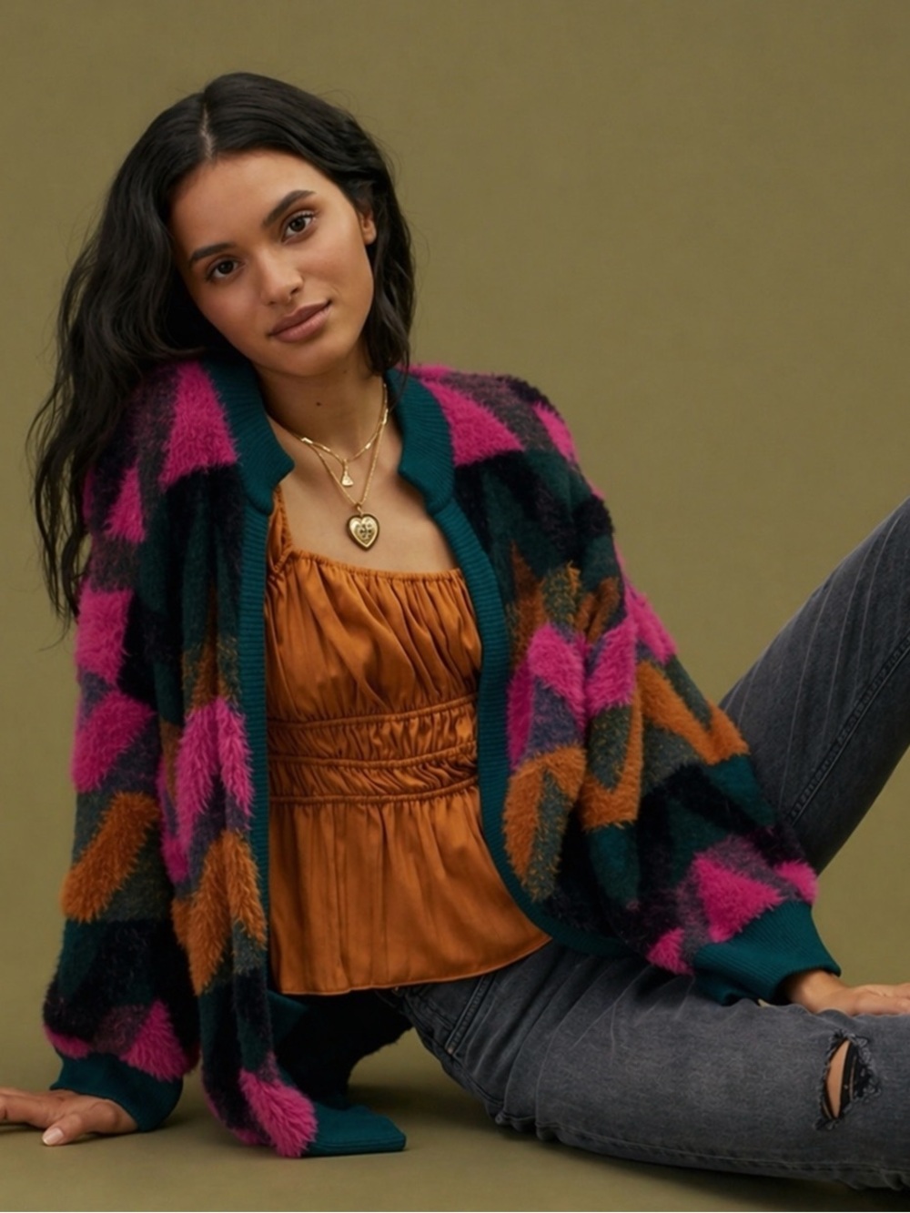 Anthropologie Bel Kazan Fuzzy Geo Cardigan O/S Oversized Open Front Sweater